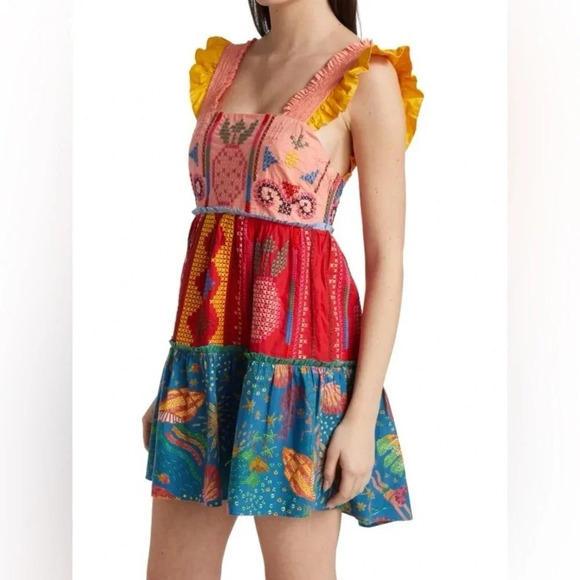 FARM RIO Cross-Stitch Tiered Cotton Minidress XS B1142 - Picture 3 of 7